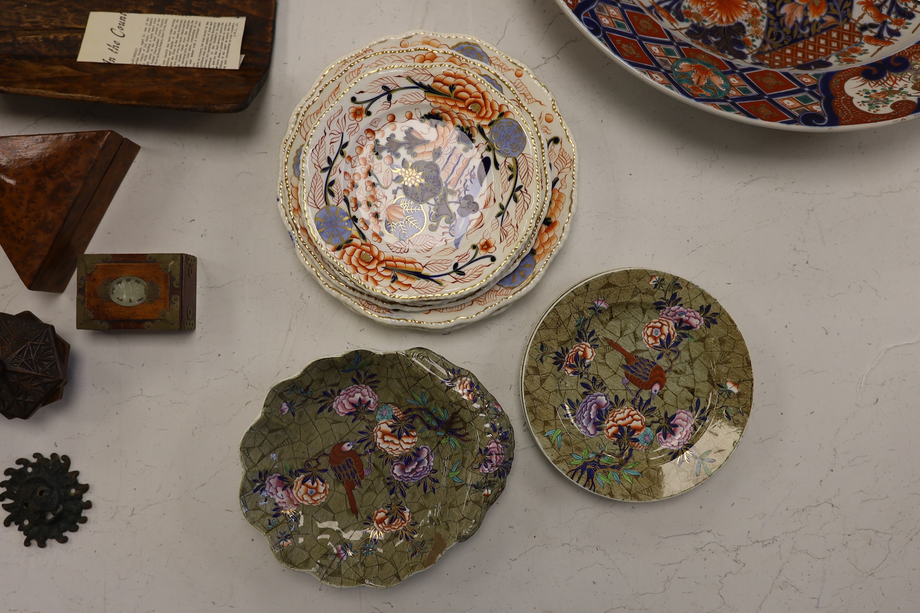 Two pairs of Spode floral and avian decorated dishes and six Derby dishes. Condition - poor